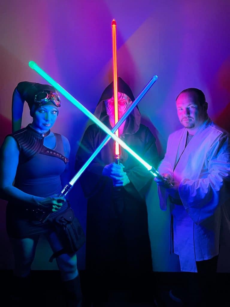 Star Wars characters with their light sabers on May the 4th in downtown Panama City