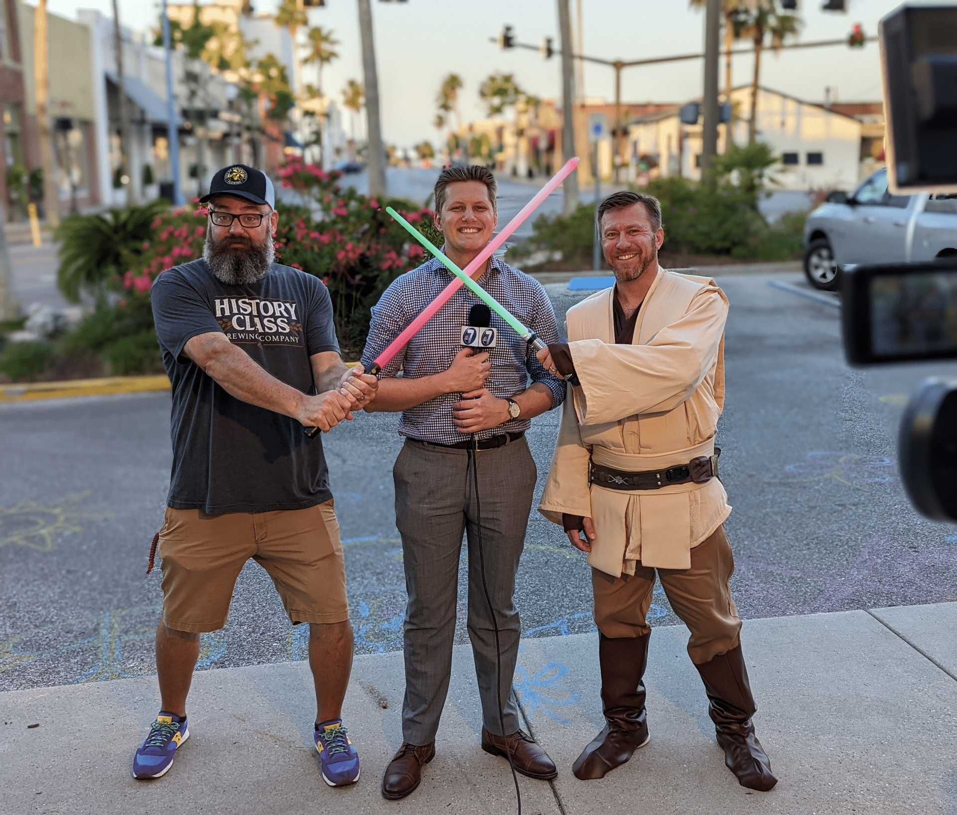Jedi Council members preparing for a news interview on Star Wars Day in Panama City Florida