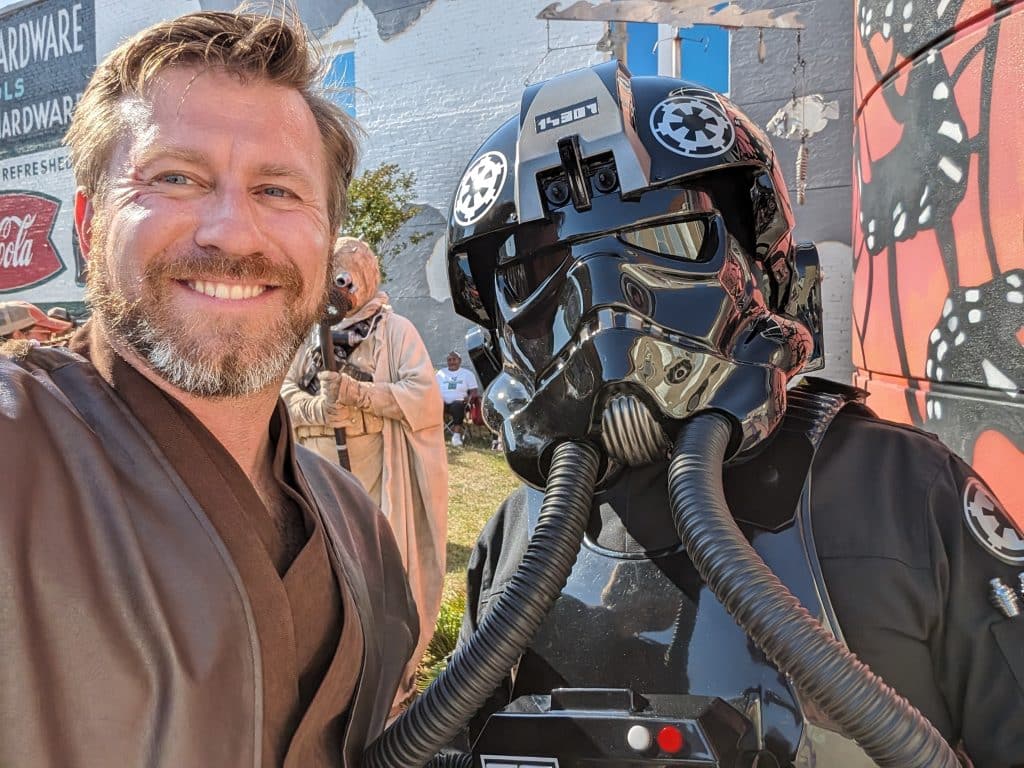 Star Wars Day Founder Aaron Rich posed with a character from Star Wars on the May the Fourth event week in downtown Panama City
