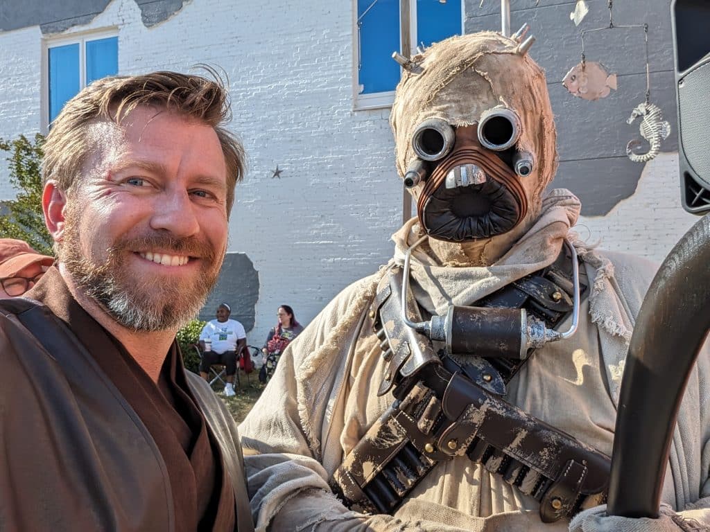 Star Wars Day Founder Aaron Rich posed with a character from Star Wars on the May the Fourth event week in downtown Panama City